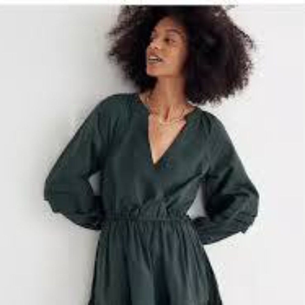Madewell Crinkle Poplin Faux Wrap Long Sleeve Womens S V Neck Green Mini Dress